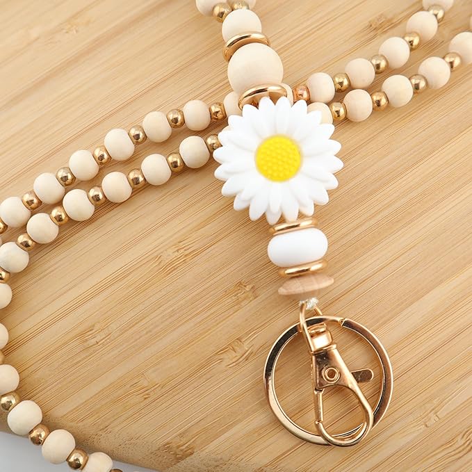 Wooden Teacher Lanyards for Id Badge Cute Flower Wood and Gold Beaded Lanyards for Women for Nurse Badge