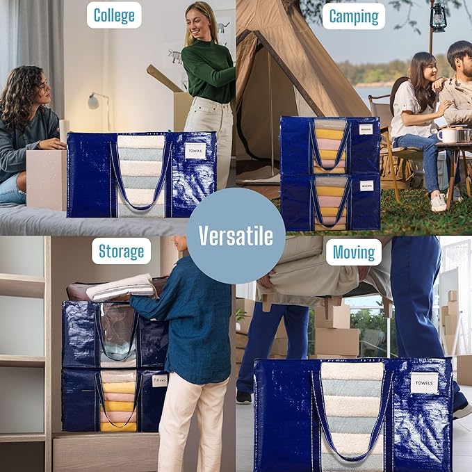 VENO 8 Pack Moving Bags, Moving Supplies, Moving Boxes, College Packing Storage Boxes with Lids Alternative, Heavy Duty Totes, Extra Large, Sturdy Handles, Zipper (Blue with Window, 8 Pack)