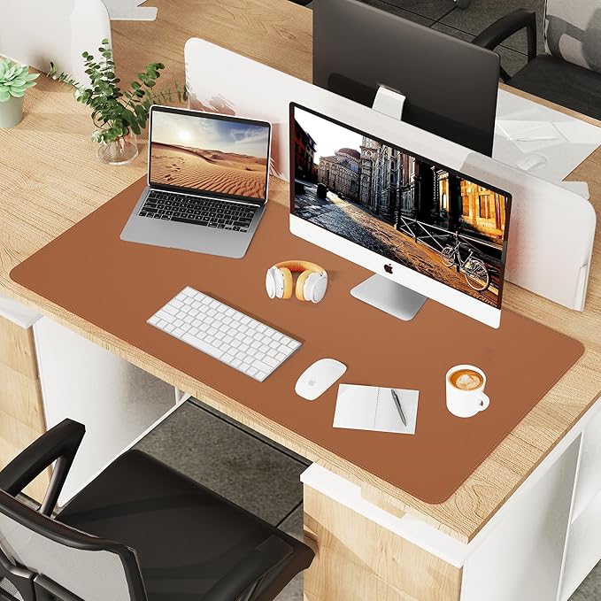 Leather Desk pad Protector, Large Desk mat with Natural Cork & PU Leather,Mouse pad,Non-Slip Office Desk Mat,Waterproof Desk Writing Pad for Office and Home (47in*23.7in, Brown)