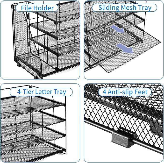 OPNICE 4-Tier Paper Organizer with Magazine Holder, Desk Organizers and Accessories, Office Desk Accessories & Workspace Organizers, Desktop File Organizer for Office Supplies Storage, Black
