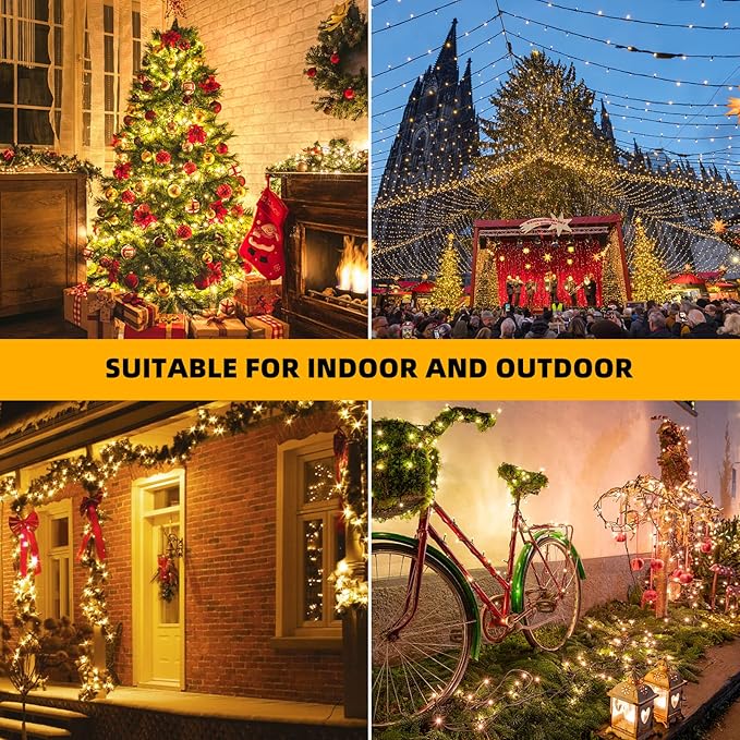 Music Motion Sensor Christmas String Lights 105ft 300 LED, Warm White Christmas Tree Light,End to End Plug In 6 Modes Christma s Lights, Waterproof for Indoor Outdoor Tree Party Yard Room Decor