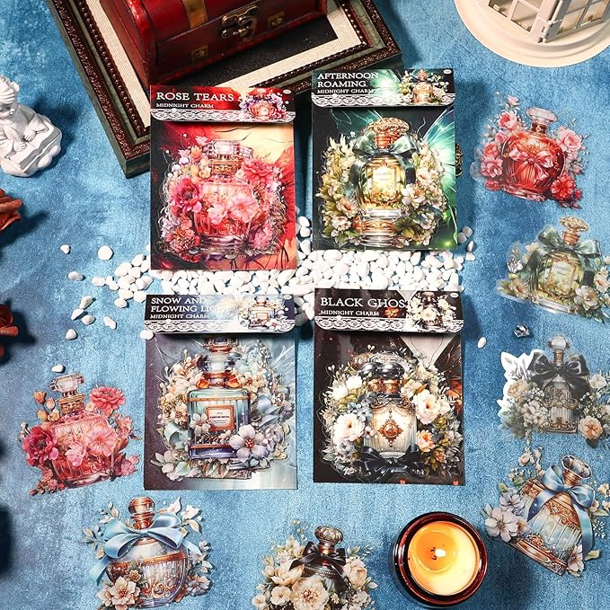 MAFELOE PET Scrapbook Stickers, 4 Packs, 10 Pieces Each, Aesthetic Deco Supplies for Junk Bullet Journaling Card Making Daily Planner-Bottle&Flower Series (TP-WYMH-08)