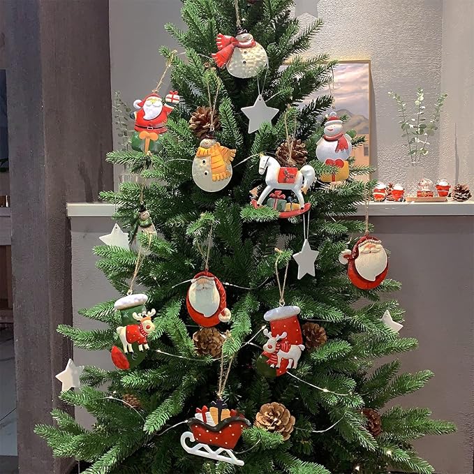 Metal Christmas Tree Ornaments 6-Pack Xmas Hanging Ornaments Santa Snowman Christmas Stocking Sleigh Ornaments for Tree Holiday Decorations, Outdoor Holiday Home Decorations