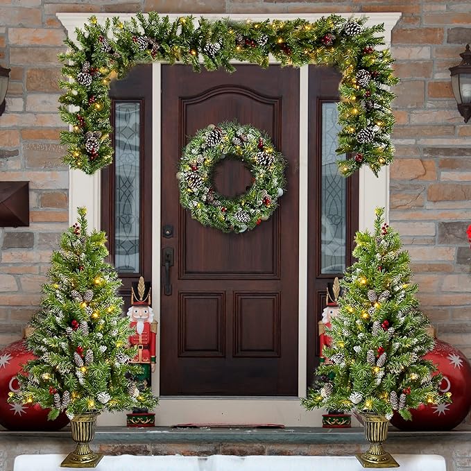Merax Prelit Christmas Tree Set of 4pc, Set of 2 Artificial Potted Christmas Entrance Trees with Lights, Christmas Wreath, and 9FT Garland for Fireplace Front Porch Seasonal Holiday Decoration