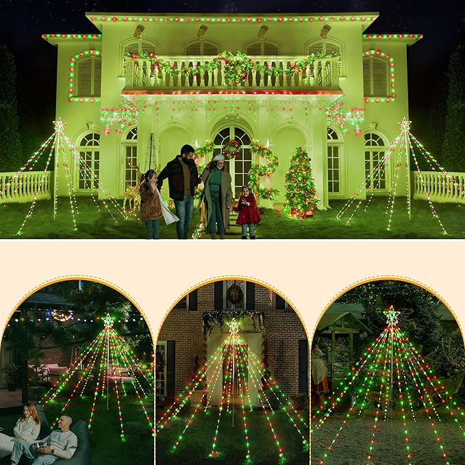 Ollny Christmas Lights Tree Red&Green 340LED with Topper Star, IP67 Waterproof Remote Control Waterfall Lights with Pole, 16 Lighting Modes Timer Dimmable Light Decorations Outdoor Yard Garden Lawn
