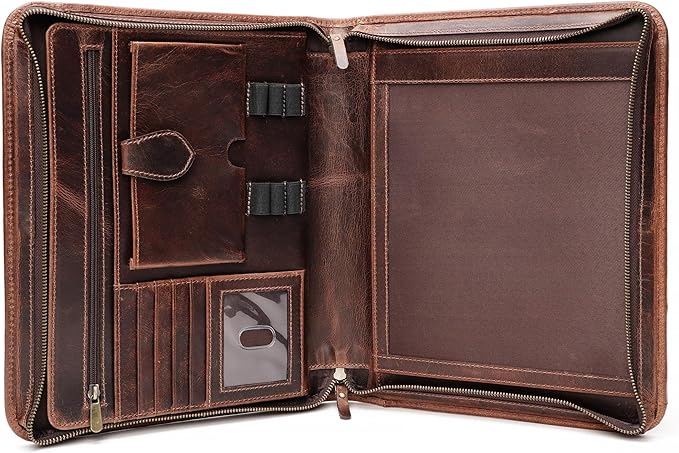 Leather Portfolio Binder, Professional Organizer Padfolio – Resume Folder, Business Card & Document Holder, Portfolios for Men & Women, Office & Business Supplies by Luxeoria | (Large - Brown)