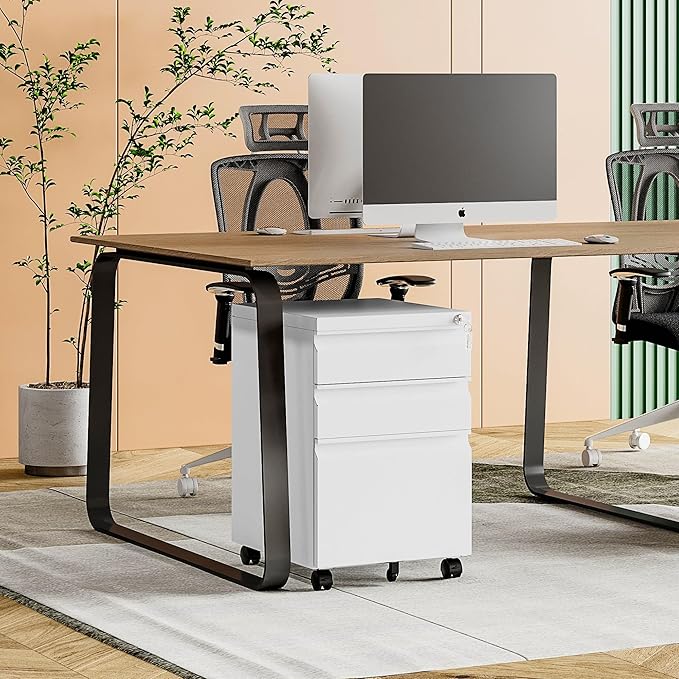 MIIIKO 3 Drawer File Cabinet on Wheels, Home Office Mobile File Drawers Under Desk, Full Assembled White Filing Cabinets with Lock for Legal/Letter/A4 File Folders