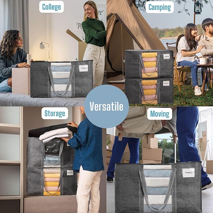 VENO 2 Pack Moving Bags, Moving Supplies, Moving Boxes, College Packing Storage Boxes with Lids Alternative, Heavy Duty Totes, Extra Large, Sturdy Handles, Zipper (Dark Gray with Window, 2 Pack)