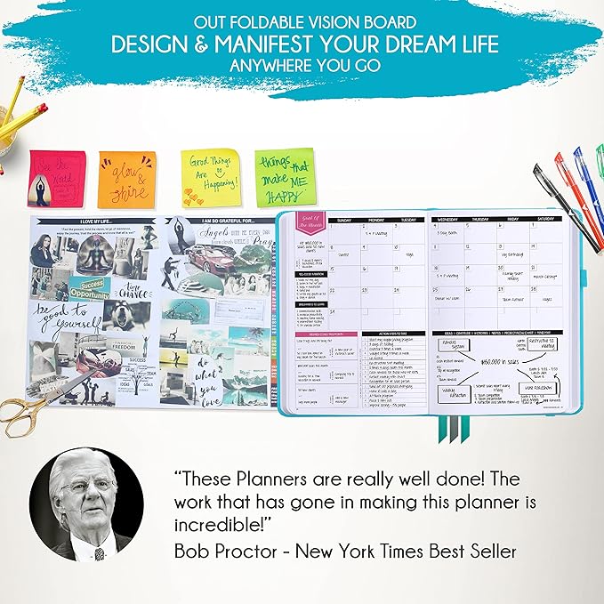 Law of Attraction Planner – Undated Hourly, Weekly & Monthly Goal Setting Planner, 12-Month to Increase Productivity | Life & Gratitude Journal, Include Foldable Vision Board, Gift Box & Stickers