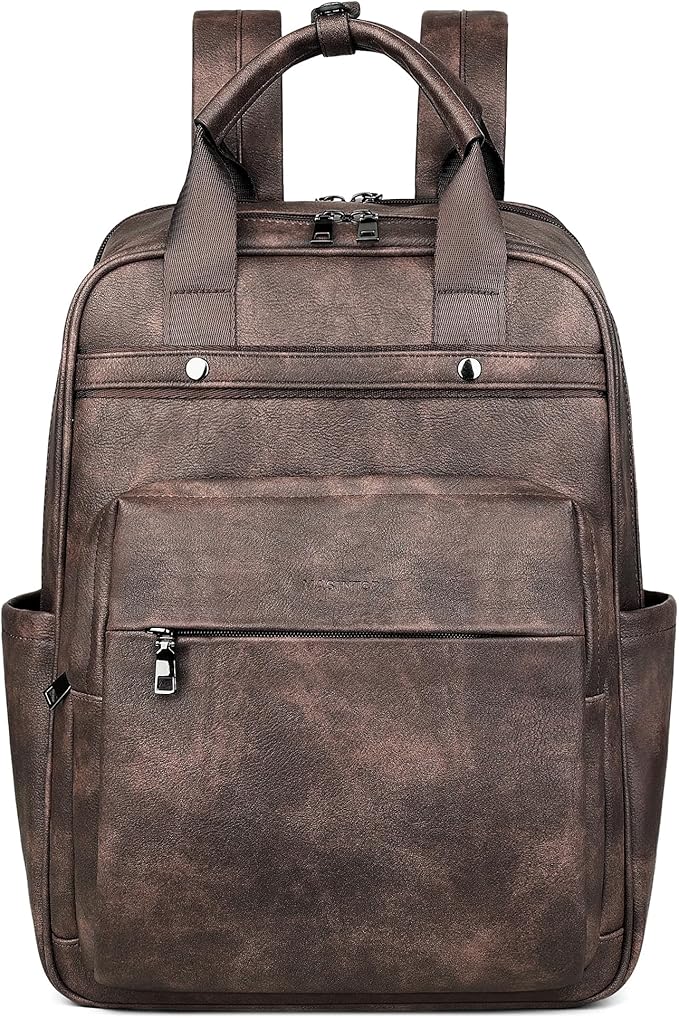 MASINTOR Leather Laptop Backpack for Women, Stylish Computer Backpack College Business Work Shoulder Bags Work and Travel Retro Coffee