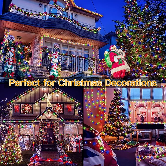 Ollny Christmas Lights, 198 FT 600 LED Outdoor Waterproof Plug in Christmas Tree Lights with 8 Modes Remote Timer, String Lights for House Yard Outside Indoor Xmas Decorations Multicolor