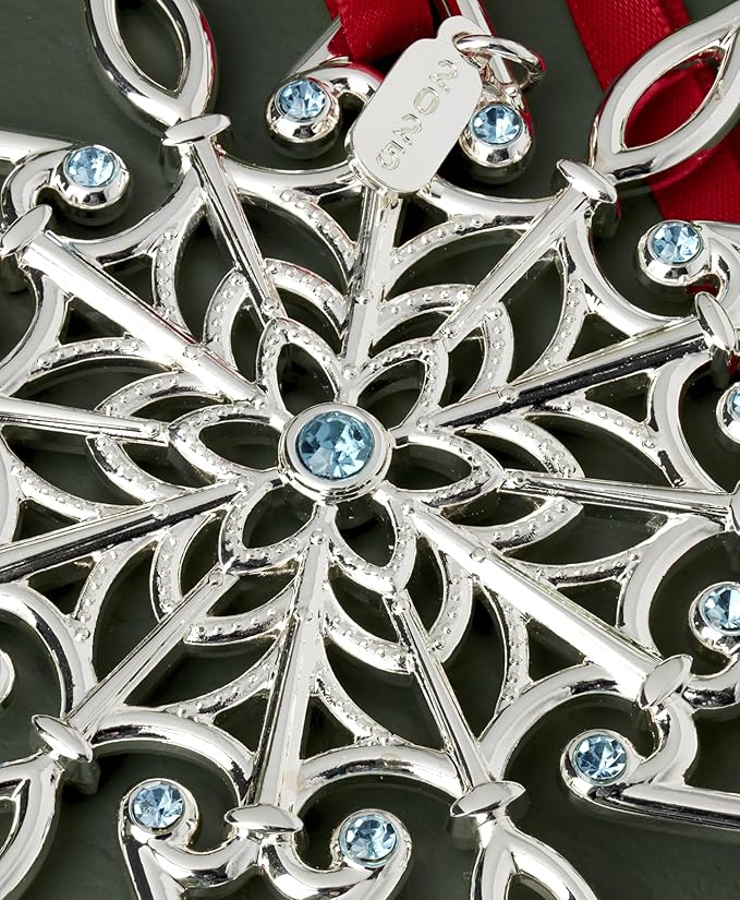 Lenox Ornament, 2025 Snow Majesty Silverplate Ornament, Stainless Steel Christmas Tree Decoration, Snowflake Design, Blue Jeweled Accents, Red Ribbon for Hanging, Christmas Decoration(Silver, 1 Piece)