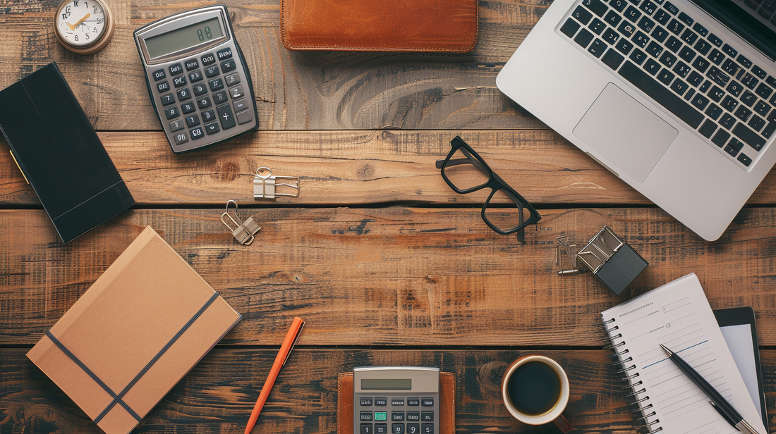 Office desk with calculators, laptop, notebook, glasses, and stationery arranged on a wooden surface