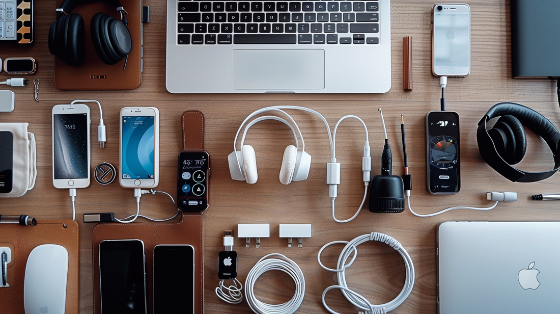 Office desk with laptops, smartphones, headphones, and various charging cables neatly arranged