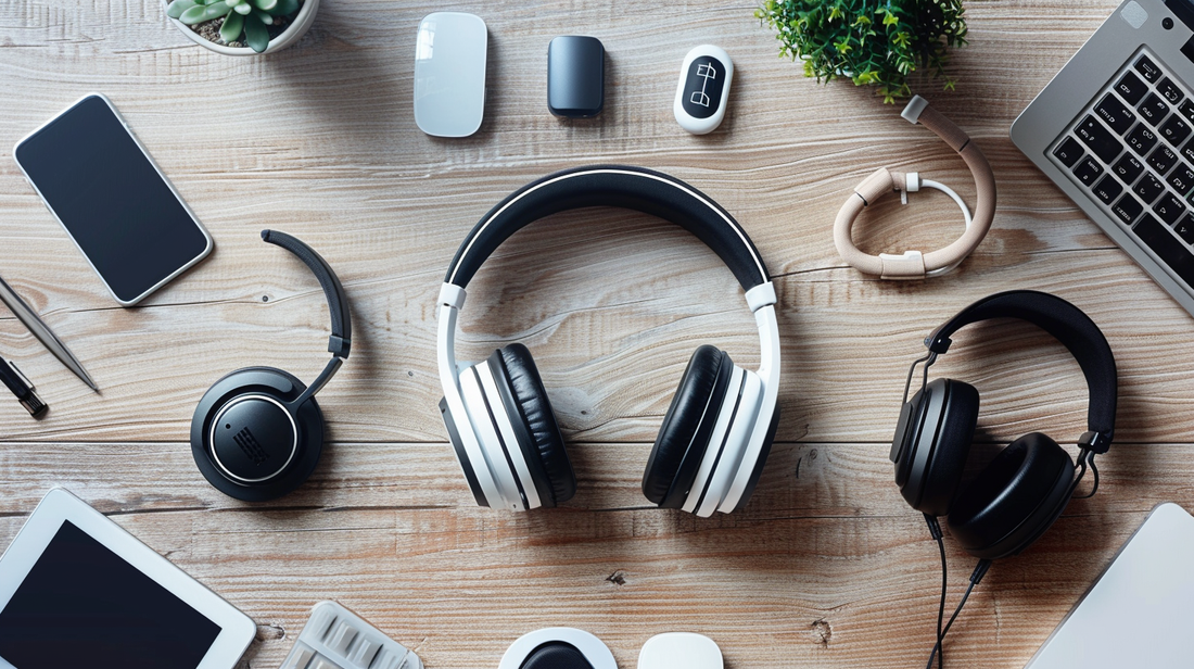 Headphones, wireless earbuds, and office gadgets neatly arranged on a wooden desk