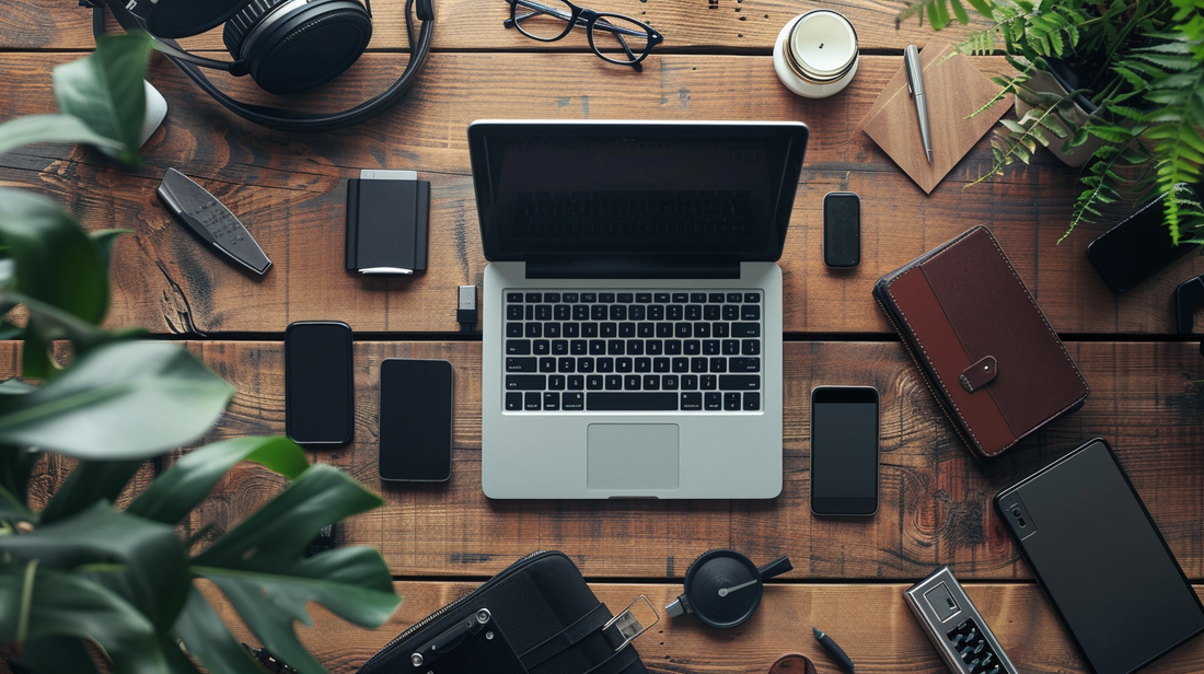 Laptop surrounded by smartphones, headphones, notebook, and office gadgets on a wooden desk with plants