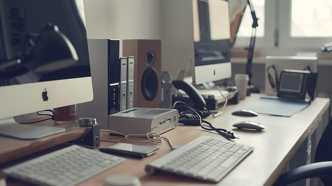 Office desk setup with desktop computers, keyboards, speakers, and computer accessories neatly arranged