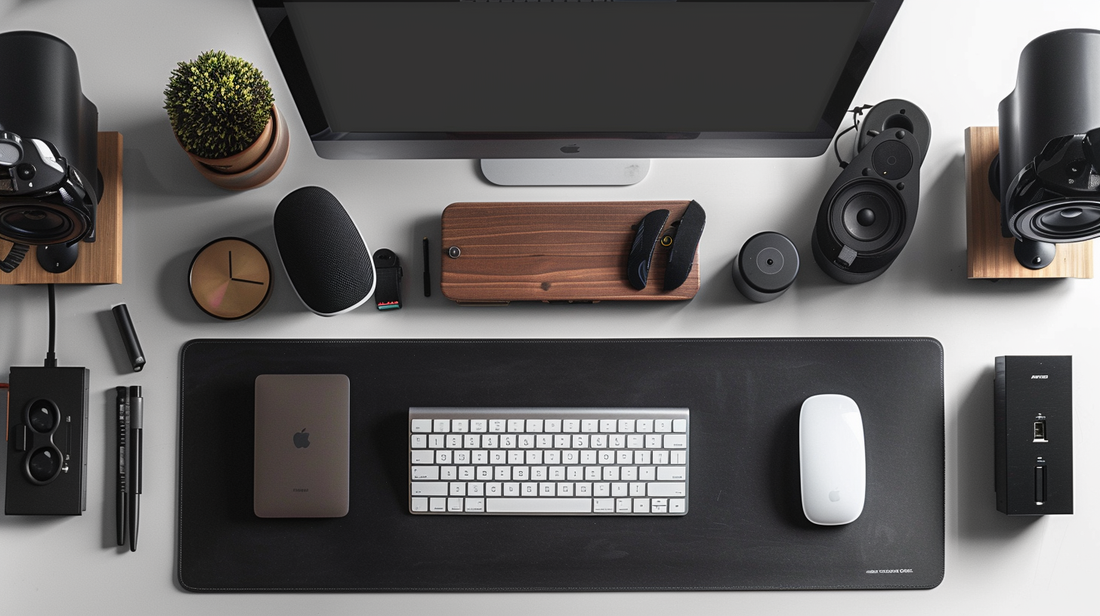 Modern office desk setup with computer monitor, keyboard, mouse, speakers, and accessories arranged neatly