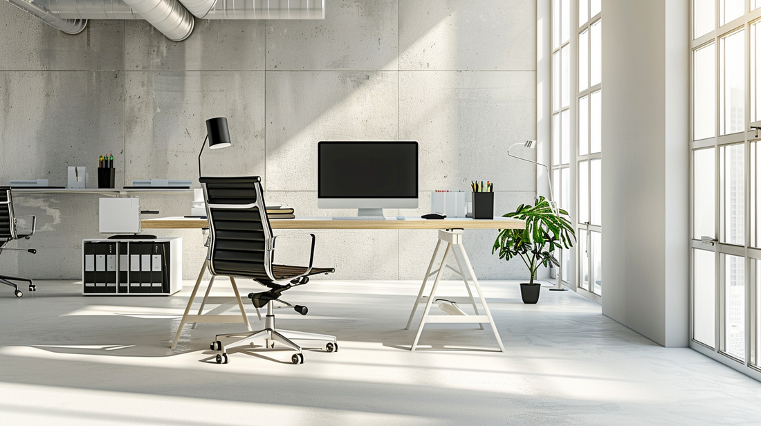 Modern office with a minimalist desk, ergonomic chair, computer monitor, and indoor plant by large windows