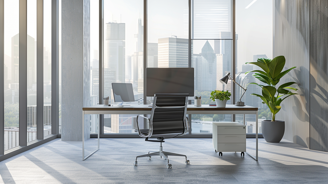 Modern office with a desk, ergonomic chair, computer monitor, and large windows overlooking a city skyline