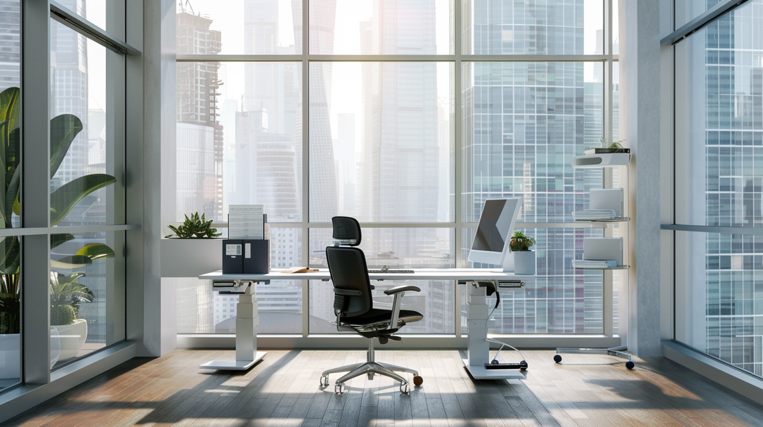 Modern office with standing desk, ergonomic chair, and computer by large windows overlooking a city skyline