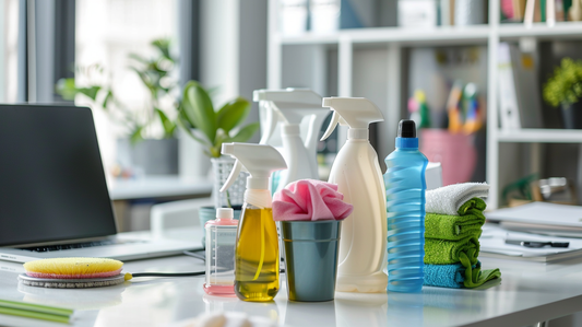 Assorted eco-friendly office cleaning supplies including spray bottles, sponges, and microfiber cloths arranged on a modern desk