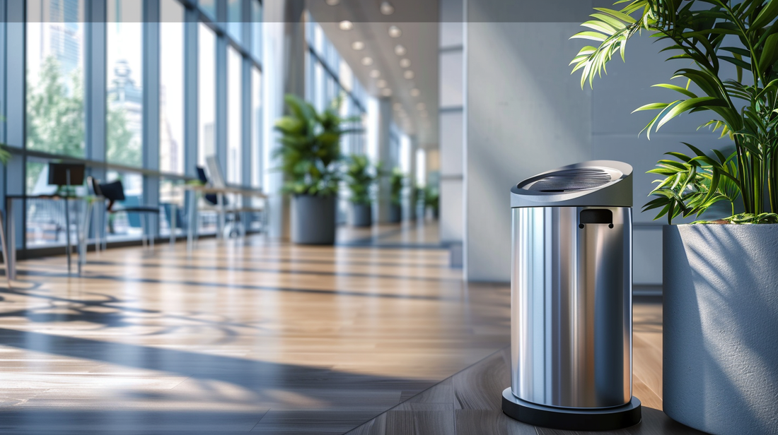 Modern stainless steel trash can placed in a bright office hallway with large windows and indoor plants