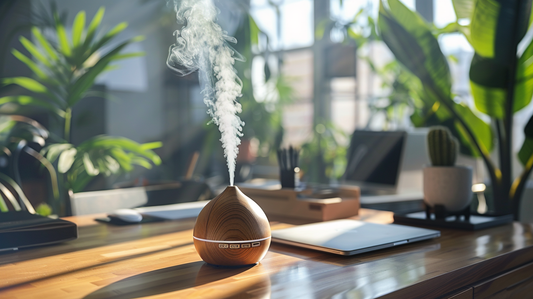 Wooden essential oil diffuser releasing mist on a modern office desk with plants and natural sunlight