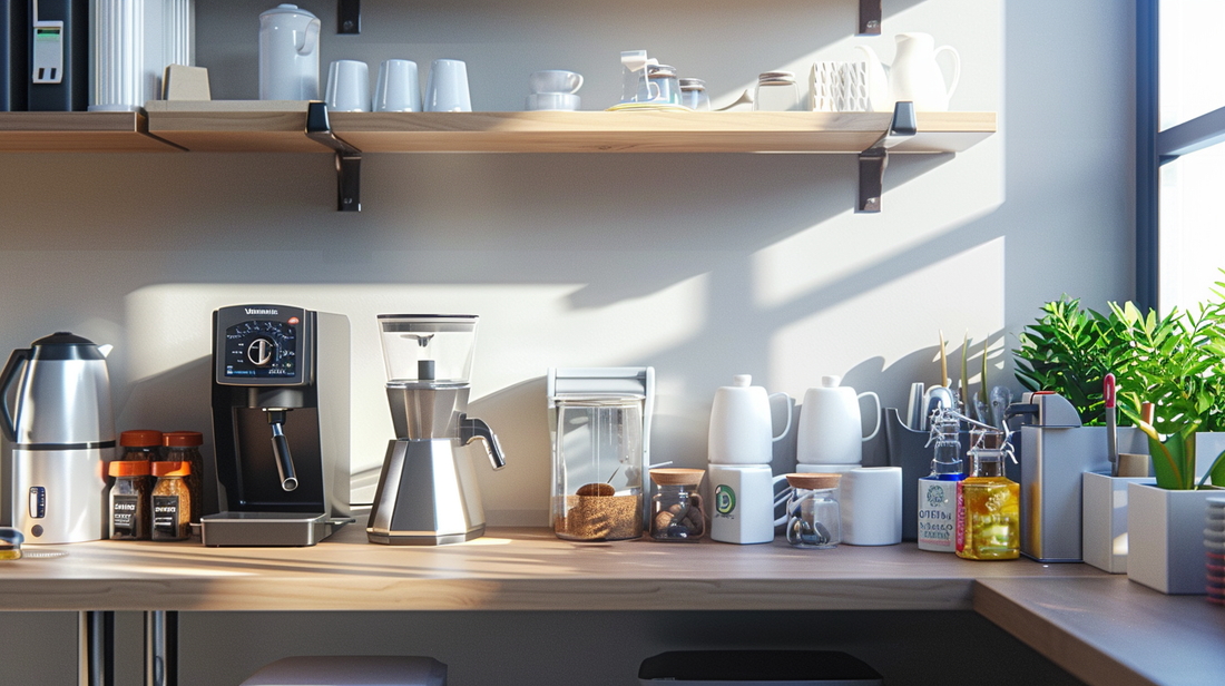 Modern office breakroom counter with coffee machine, kettle, mugs, and neatly organized supplies in natural sunlight