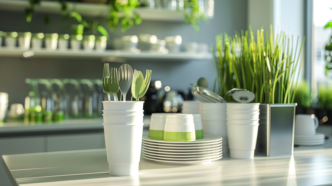 Reusable office cups, plates, and utensils neatly stacked on a breakroom counter with plants in the background