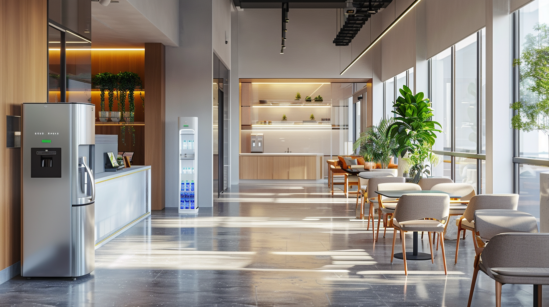 Modern office breakroom with a sleek water dispenser, bottled water fridge, tables, and chairs in a bright open space with plants
