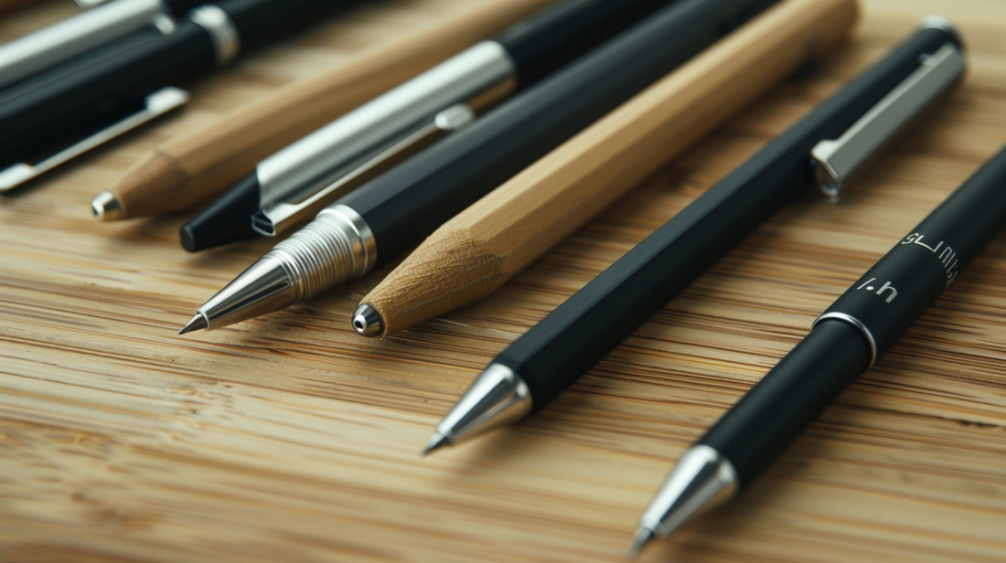 Close-up of modern pens and pencils neatly placed on a wooden desk surface