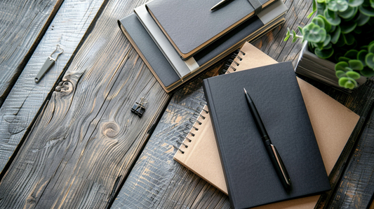 Stack of modern notebooks and journals with a black pen on a wooden desk