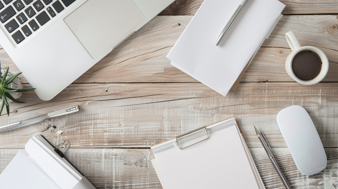 Minimalist office desk with paper pads, notebook, coffee cup, and laptop