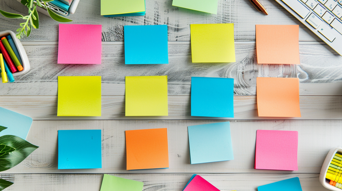 Colorful sticky notes arranged on a wooden office desk near a keyboard and stationery