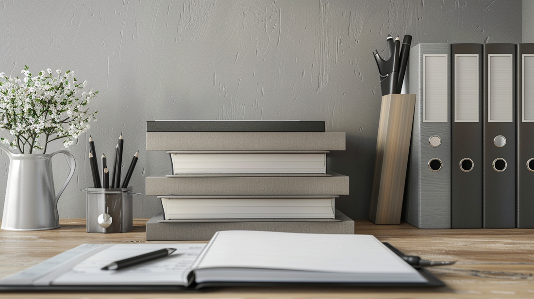 Stack of binders, notebooks, and an open planner with pen on a wooden office desk