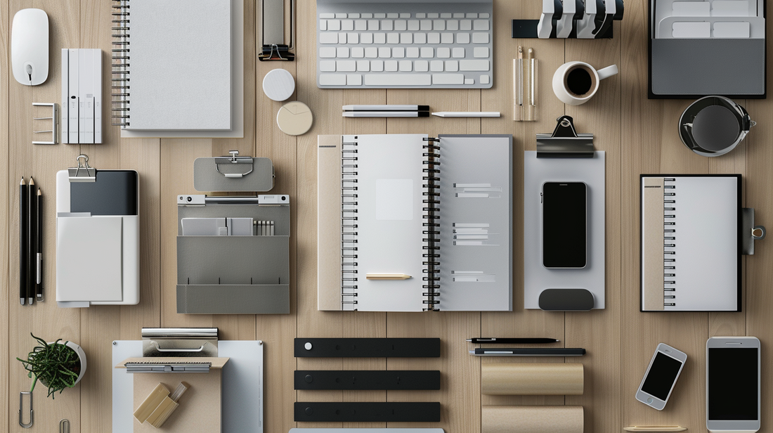 Flat lay of modern office supplies including notebooks, clipboards, keyboard, and accessories on a wooden desk