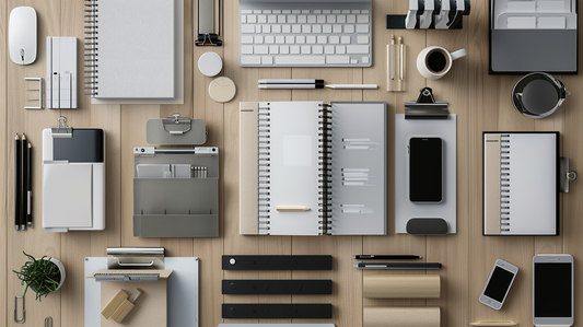 Flat lay of modern office supplies including notebooks, clipboards, keyboard, and accessories on a wooden desk