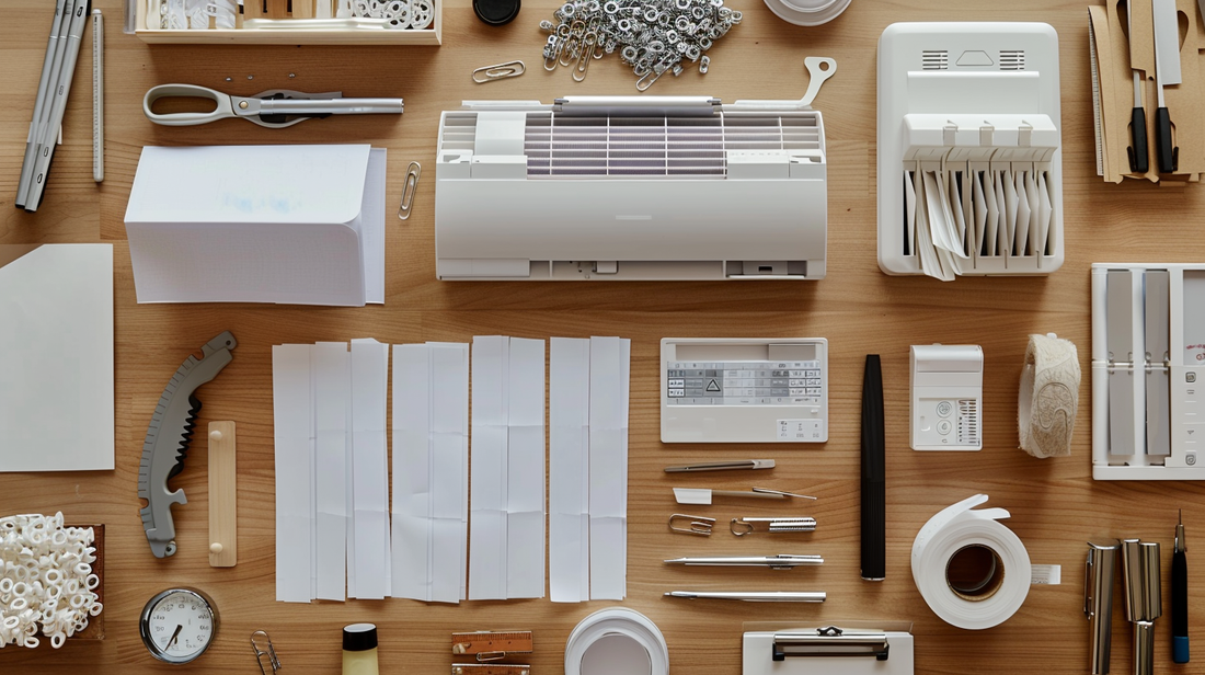 Office desk with a laminator, paper trimmer, tape, pens, and assorted office supplies neatly arranged