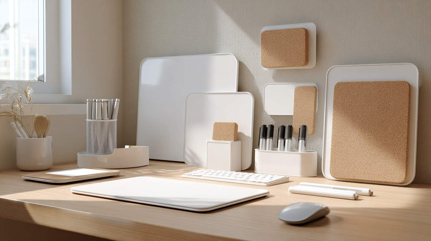“Minimal whiteboards and cork boards arranged on a clean desk, with markers, organizers, and modern stationery in a soft, natural-light workspace — Moodmod.”