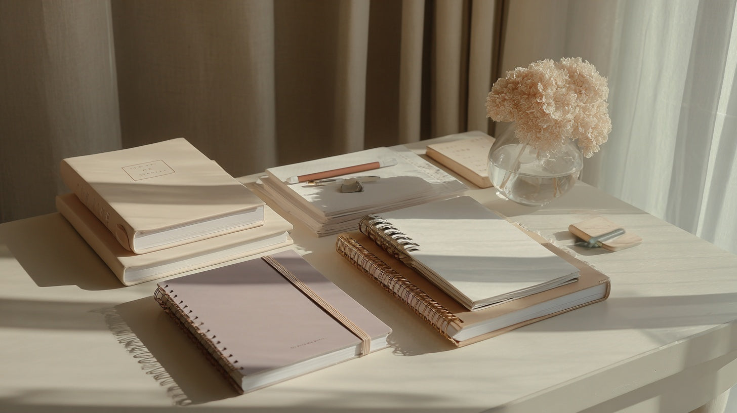 “Soft-toned journals and spiral planners arranged on a sunlit desk with delicate stationery accents, creating a calm and minimal workspace — Moodmod.”