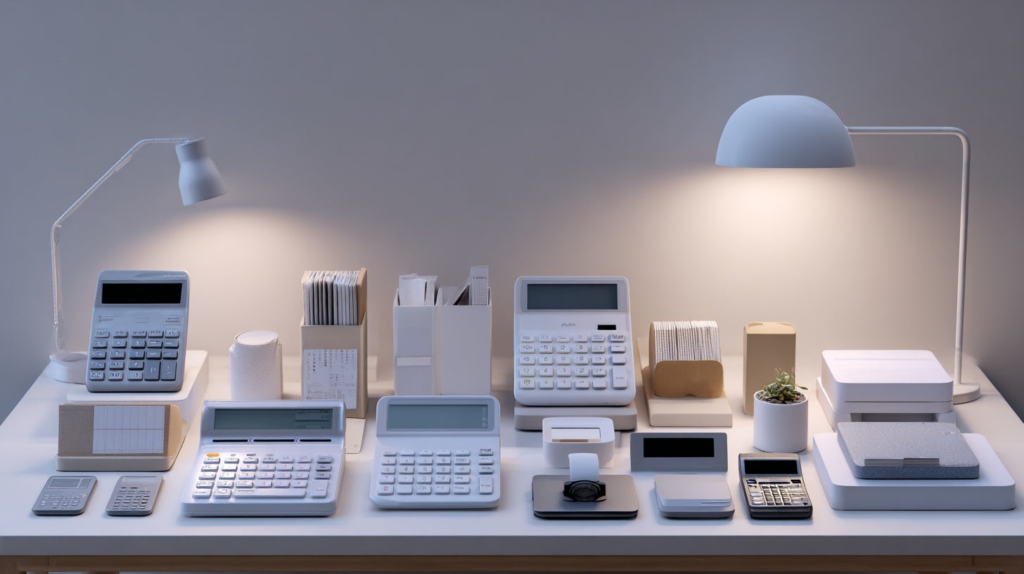 "Neatly arranged white office electronics including calculators, desk lamps, and small desktop accessories on a clean workspace."