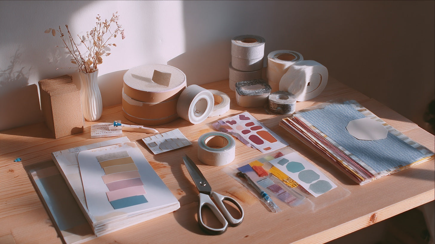 “Minimalist craft workspace with masking tapes, scissors, felt sheets, stickers, and DIY stationery arranged on a wooden desk in warm natural sunlight.”