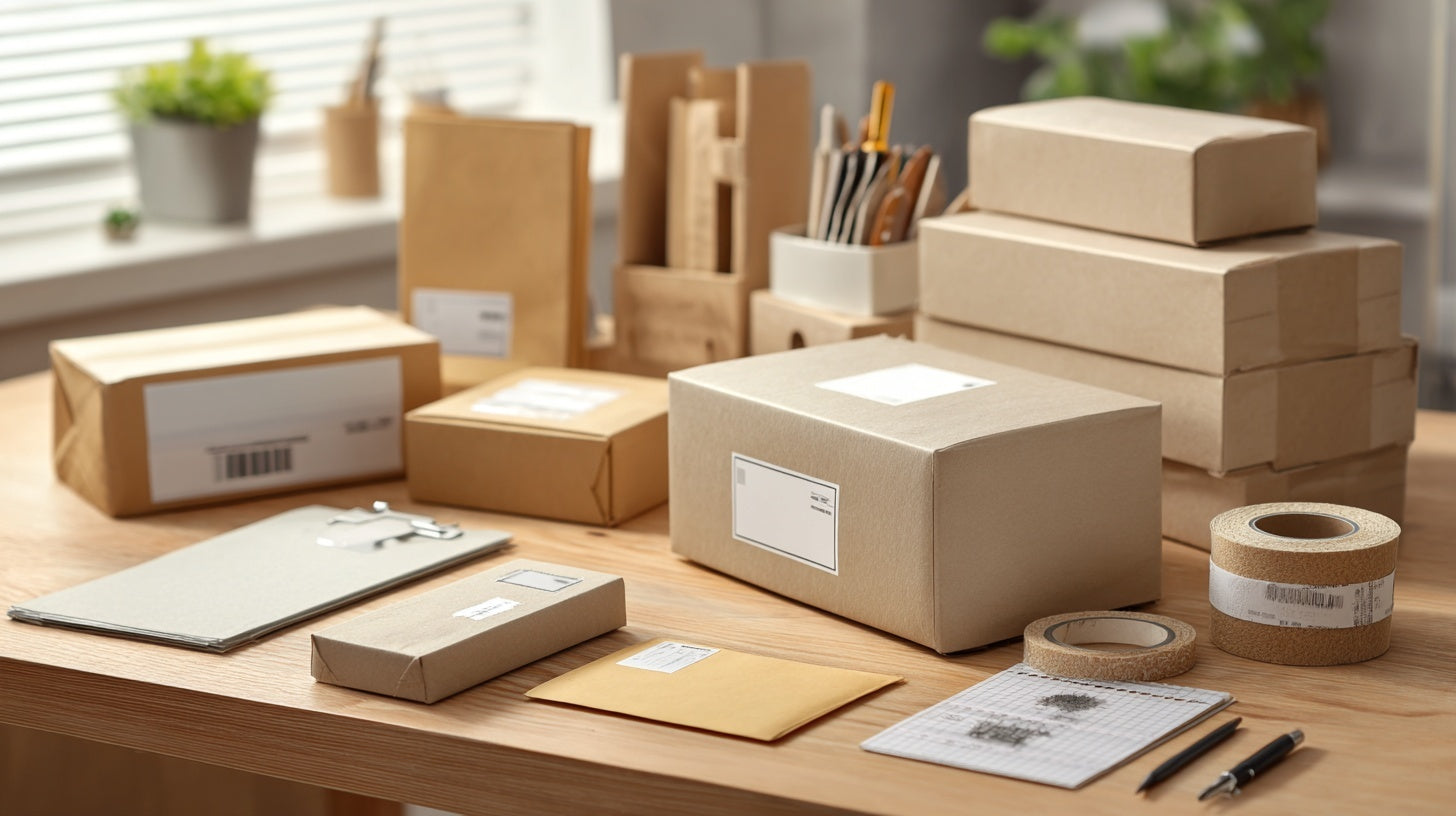 "Packaging supplies on a wooden desk including shipping boxes, mailing envelopes, kraft paper, address labels, and tape. Organized workspace with sunlight for Moodmod office shipping collection."
