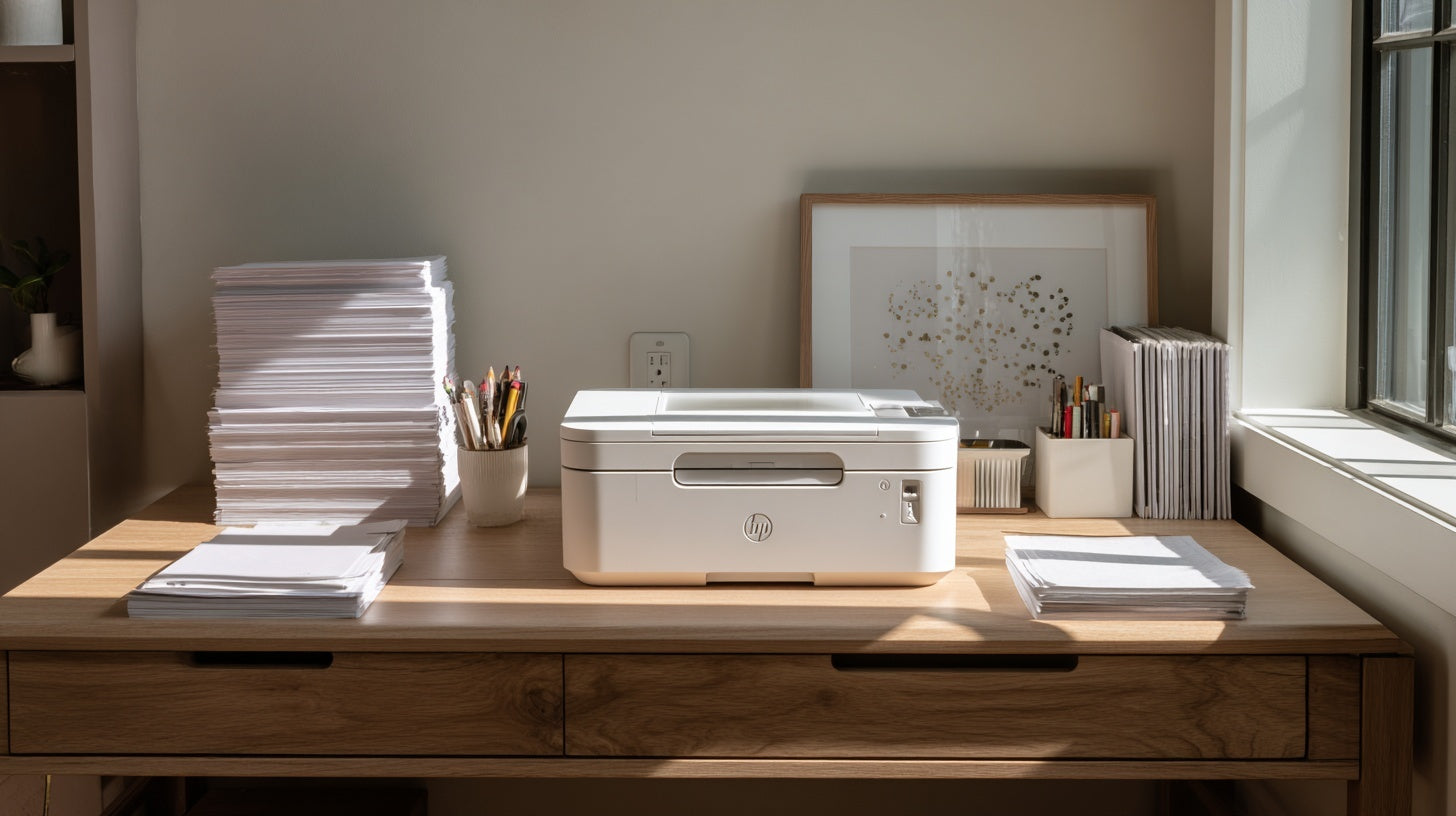 “Minimal home office scene with a compact white printer centered on a wooden desk, surrounded by neatly stacked paper, pens, and simple decor in soft natural light — Printer & Scanner collection by Moodmod.”