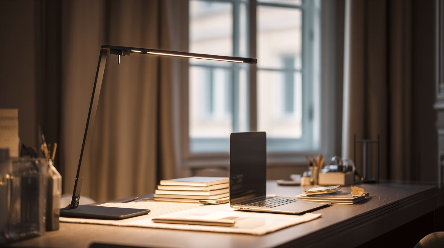 “Minimal desk scene featuring a slim LED desk lamp illuminating a laptop, stacked notebooks, pencils, and organized stationery on a clean workspace near a window — Desk Lamp collection by Moodmod.”