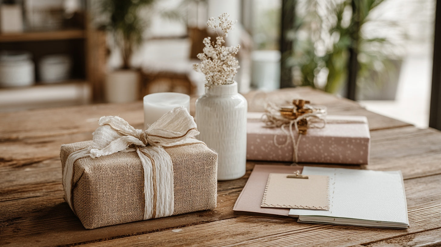 “Hand-wrapped neutral-toned gift boxes with ribbons and dried florals arranged beside soft stationery on a wooden table, styled in a warm natural setting — Moodmod.”