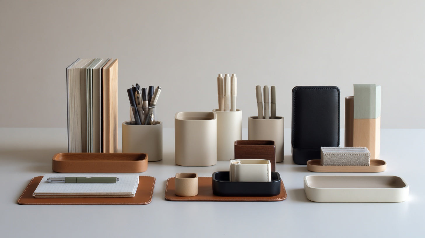 Minimalist desk accessories set with pen holders, trays, book stands, and organizers in neutral beige and brown tones on a clean workspace.