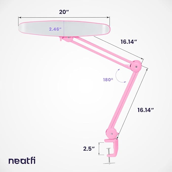 Neatfi XL 2,200 Lumens LED Desk Lamp with Clamp, 24 Watt Bright Architect Task Lamp, 20 Inches Dimmable Computer Light, Adjustable Desk Light for Home, Office, Crafts, Nails & Hobbies (Non-CCT, Pink)