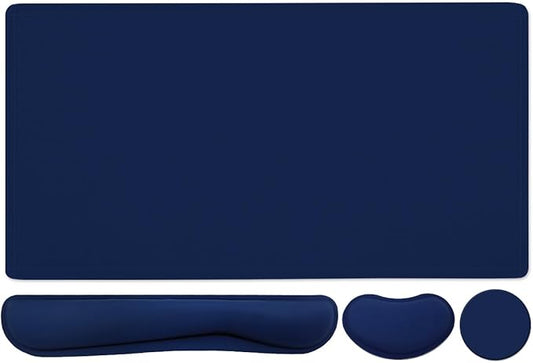 Large Keyboard Mouse Pad Set, Extended Mouse Pad+Keyboard Wrist Rest Support, Memory Foam Ergonomic Easy Typing, 4Pcs (35.4×15.13 in) Desk Pad Set for Home Office Study Game - Dark Blue